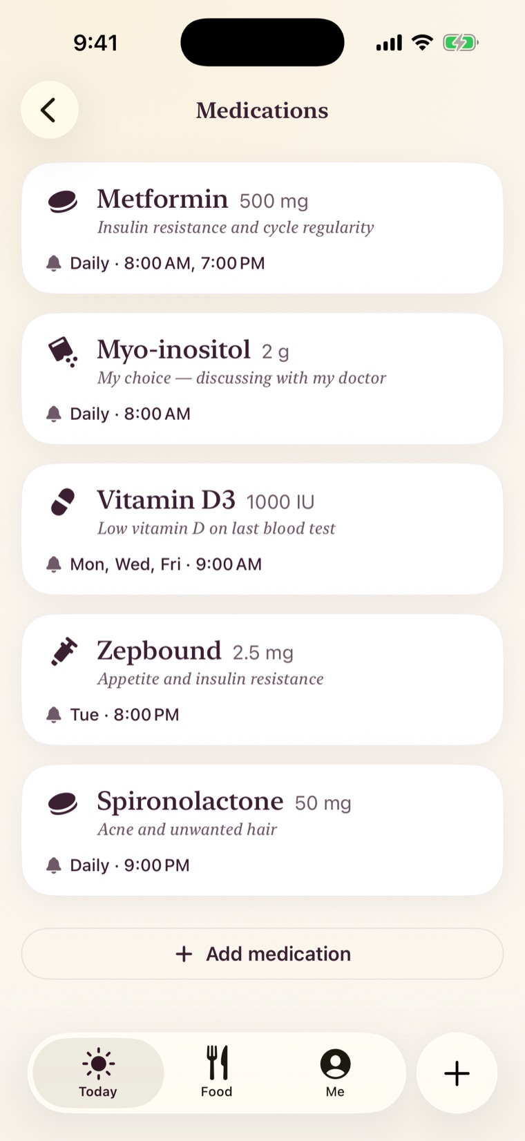 The medications plan listing Metformin, Myo-inositol, Vitamin D3, Zepbound and Spironolactone with their schedules and reminders
