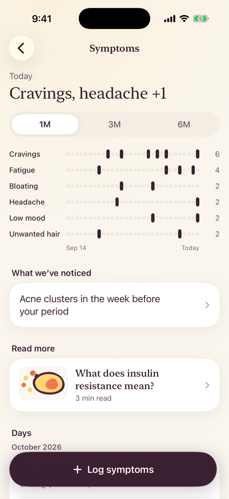The Symptoms page showing the most-logged symptoms as rows of marks over the past month